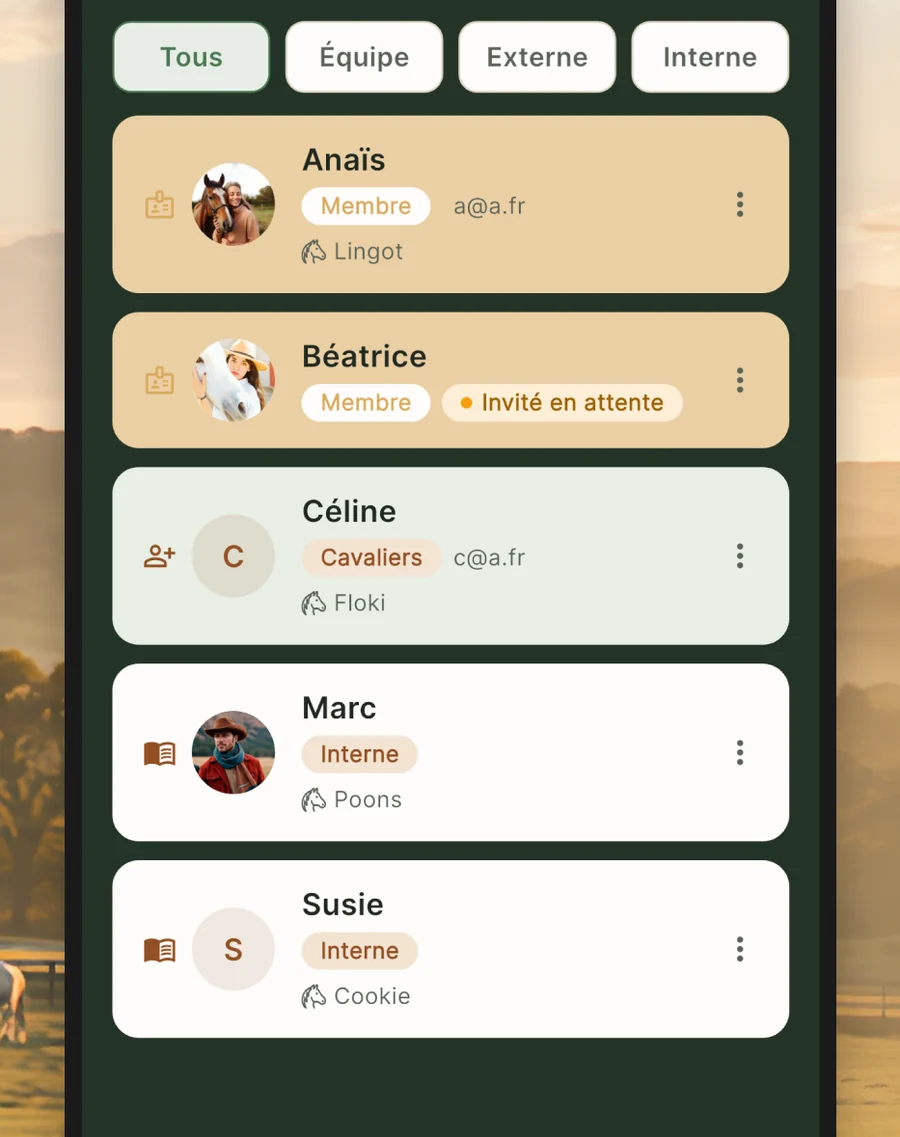 Mes cavaliers Eponia — chaque cavalier invité ne voit que le cheval qui lui est attribué