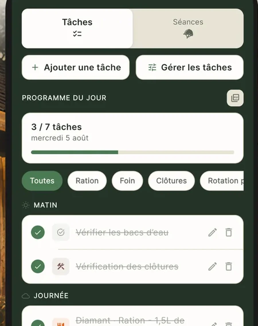 Tâches du jour dans Eponia — programme, responsables et avancement de la journée
